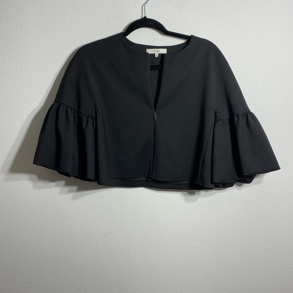 Tibi Agathe Zip Front Balloon Sleeve Cropped Top, Black - Picture 5 of 11